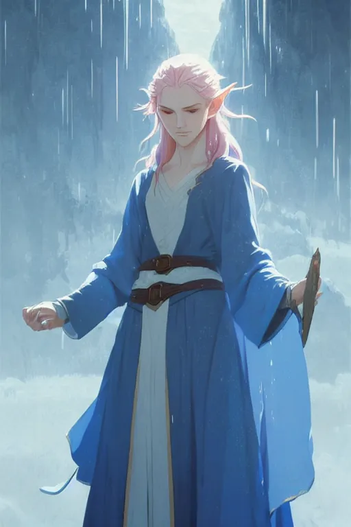 Image similar to elvish female sorcerer doing water magic spells, blue robes, red hair, finely detailed perfect face, exquisite details, mid view, design on a white background, by studio muti, greg rutkowski makoto shinkai takashi takeuchi studio ghibli