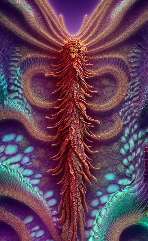 Image similar to dragon, intricate, eagle coral, jelly fish, feathers, mandelbulb 3 d, fractal flame, octane render, cyborg, biomechanical, futuristic, by ernst haeckel