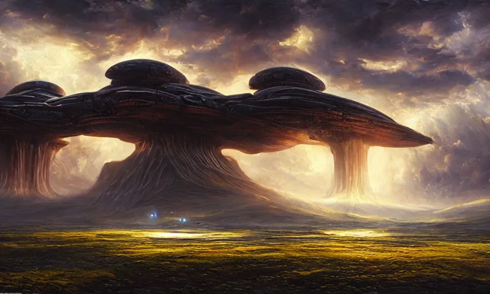 Image similar to the most beautiful landscape, oil painting, alien breathtaking landscape, giant spaceship, cinematic lighting, highly detailed, very realistic