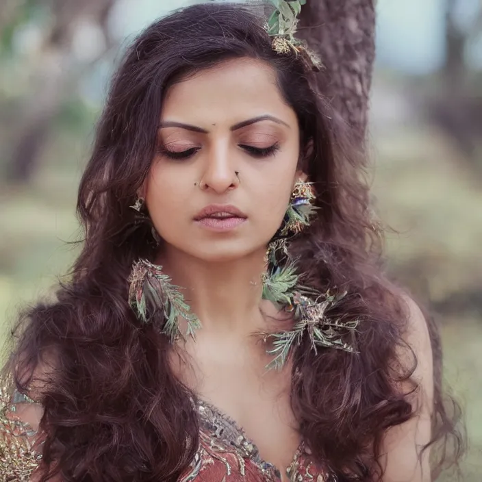 Prompt: A analog head and shoulder frontal portrait photography of Drashti Dhami wearing an intricate twig crown by Annie Leibovitz. Long hair. eyes closed. soft gradient pastel color background. Backlit. Kodak Color Plus 200 film. Tropical mood. detailed. hq. realistic. warm light. muted colors. lens flare. photoreal. Leica M9.