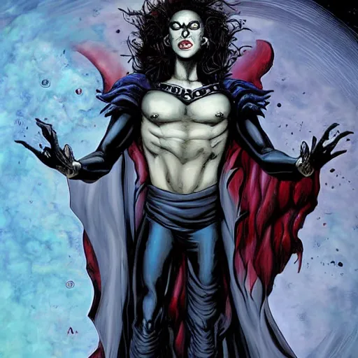 Prompt: An epic fantastic realism comic book style full shot painting of the Sandman, aka Dream, Hypnos, the endless, son of the night, son of time, the cosmic being who controls all dreams, Gothic, beautiful black hair, natural hair, good bone structure, sophisticated well rounded face, bright glowing eyes as LEDs, Lean Body, porcelain looking skin, standing tall invincible, Cosmos in the background, Dark Fantasy, twilight, unreal engine 5, DAZ, hyper-realistic, octane render, symmetrical, attention to detail, Studio 4°C, vibrant bright colors, high saturation, extremely moody lighting, glowing light and shadow, atmospheric, cinematic, intricate, 8K, stunning, breathtaking, awe-inspiring. award-winning, concept art, nouveau painting, trending ArtStation