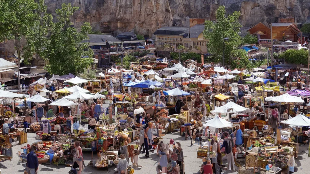 Image similar to a small town market of neanderthals, everyone is busy trading and having fun