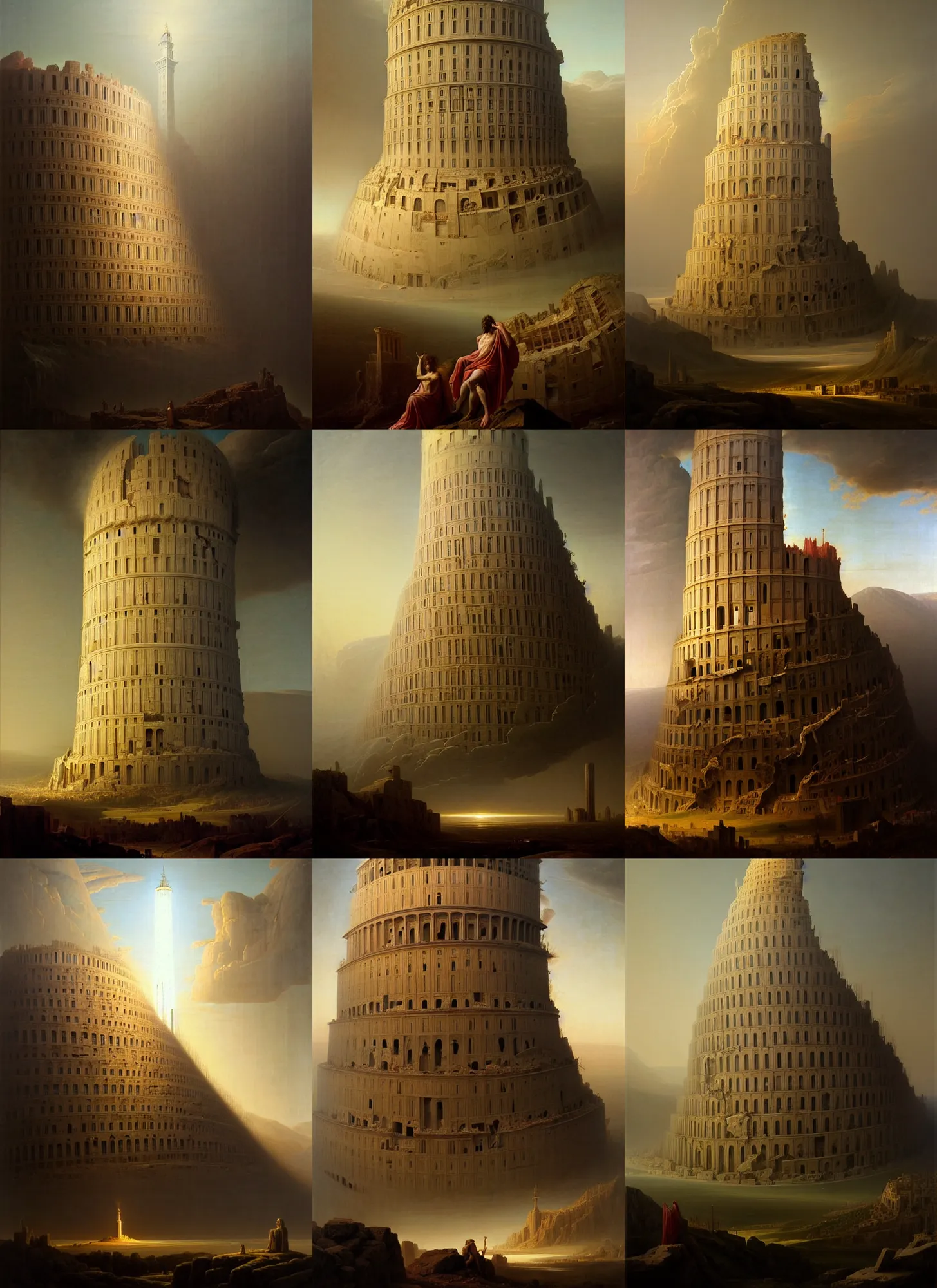 Prompt: neoclassical portrait of the tower of babel, by jacques - louis david, by greg rutkowski, by zdzisław beksinski, by josep tapiro baro, trending on artstation, featured on pixiv, masterpiece, oil on canvas, cinematic composition, dynamic beautiful lighting,