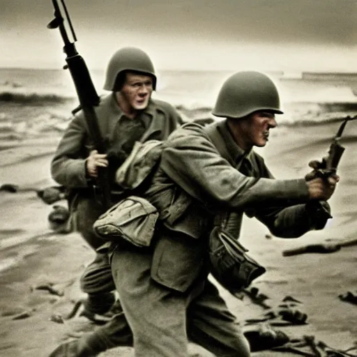 Image similar to Hank Hill storming Omaha Beach, epic, WWII, 1940s photo, cinematic, highly detailed, gritty, combat, sharp focus, closeup