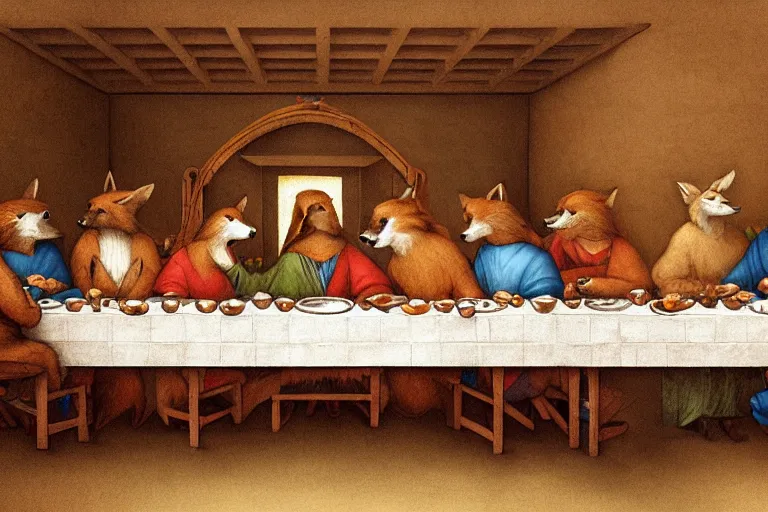 Image similar to The Last Supper with anthropomorphic foxes by Da Vinci, furry art, furaffinity, foxes