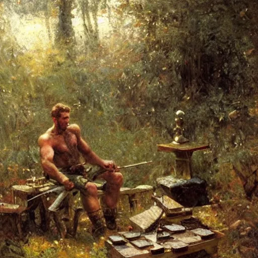 Prompt: a muscular lumberjack playing chess in the woods, fantasy painting by gaston bussiere, craig mullins