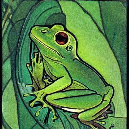 Prompt: frog, green, pond, portrait by Alphonse Mucha