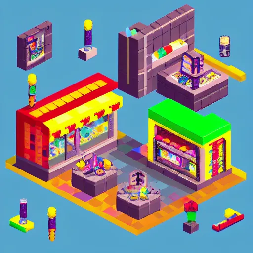 Image similar to isometric 1 6 bit pixel art ice cream shop, cyberpunk, kai vermehr