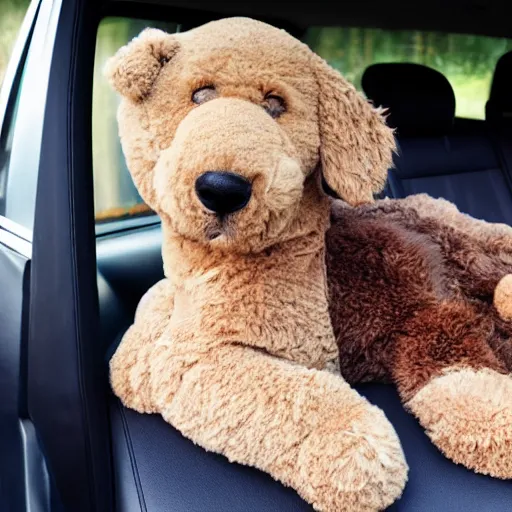 Prompt: a photo of a goldendoodle sleeping on the backseat of a car with a teddy bear next to it