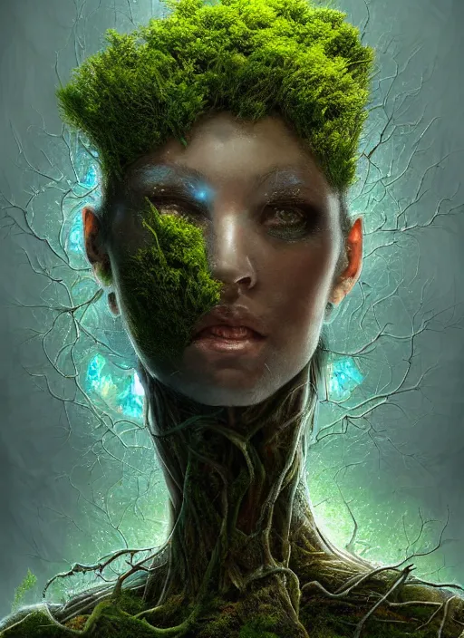 Image similar to Portrait of an Ancient Cyborg with a tree growing out of her head, moss, translucent leaves, extremly detailed digital painting, in the style of Tomasz Alen Kopera and Fenghua Zhong and Peter Mohrbacher, mystical colors, rim light, beautiful lighting, 8k, stunning scene, raytracing, octane, trending on artstation