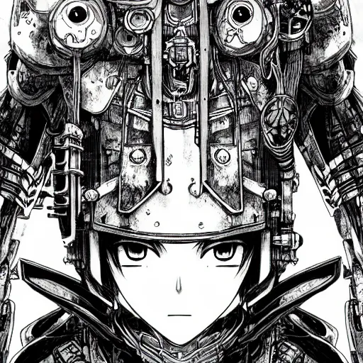 Image similar to a vertical portrait of an anime character in a scenic environment by yoshitaka amano and nihei tsutomu, black and white, dreamy, steampunk armor, highly detailed