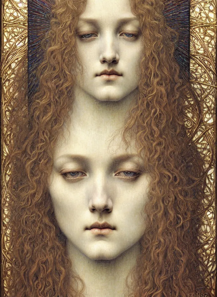 Image similar to detailed realistic beautiful young medieval queen face portrait by jean delville, gustave dore and marco mazzoni, art nouveau, symbolist, visionary, gothic, pre - raphaelite. horizontal symmetry