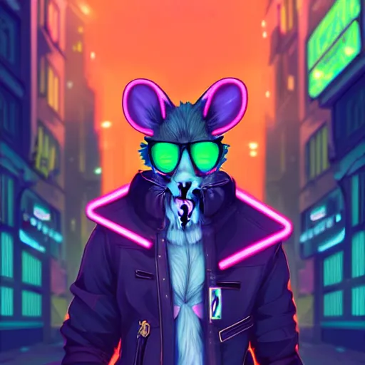 Image similar to beautiful furry digital art portrait commission of an androgynous furry anthro rat fursona wearing punk clothes in the streets of a cyberpunk city. neon signs. character design by charlie bowater, ross tran, artgerm, and makoto shinkai