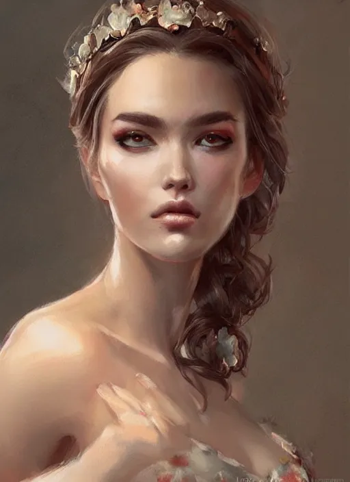 Prompt: a beautiful woman in an elaborate ballgown. beautiful highly detailed face, looking directly at the viewer. painting by artgerm and greg rutkowski and magali villanueve.