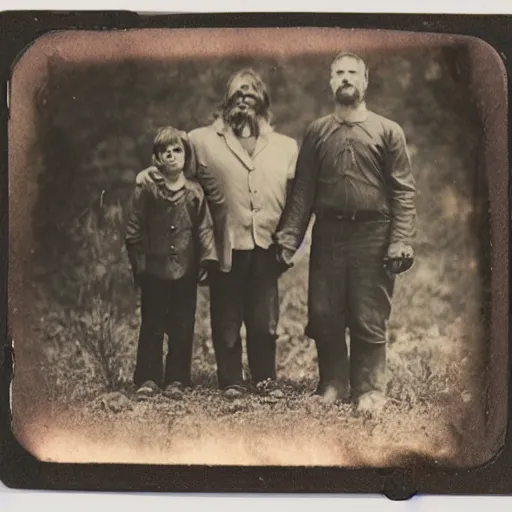 Prompt: a tintype photo of bigfoot and his family