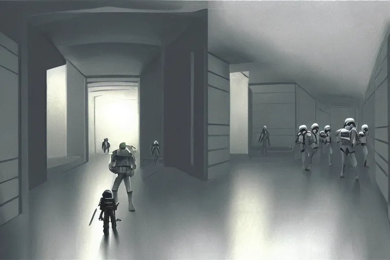 Image similar to ralph mcquarrie concept art for death star corridor interior with storm troopers