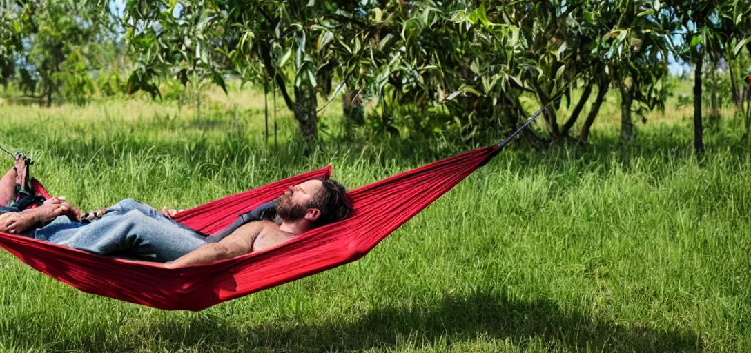 Image similar to Dutch Van Der Linde from Red Dead Redemption 2 sleeping in a hammock, a field of mango trees in the background