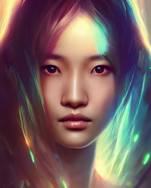 Image similar to detailed portrait Ming Zhao, solarpunk, futuristic utopia, scifi, android, starry long hair, by Darren Bartley, Wojtek Fus, Frederic Bennett, innocent smile, Perfect face, fine details, realistic shaded, fine-face, pretty face