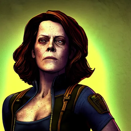 Image similar to sigourney weaver portrait, borderlands, tales from the borderlands, the wolf among us, comic, cinematic lighting, studio quality, 8 k