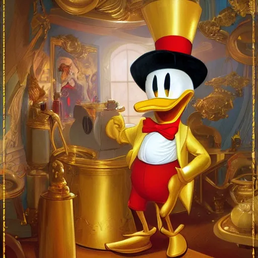 Prompt: Donald Duck meets Scrooge McDuck inside a room filled with gold pieces. Donald Duck wears a sailor suit and Scrooge McDuck wears a redingote and a top hat. Elegant, intricate, digital painting, artstation, concept art, smooth, sharp focus, illustration, art by artgerm and greg rutkowski and alphonse mucha