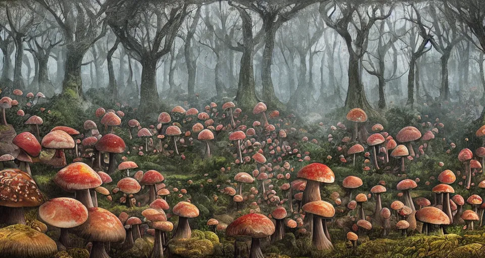 Prompt: A tribal village in a forest of giant mushrooms, by Sam Spratt