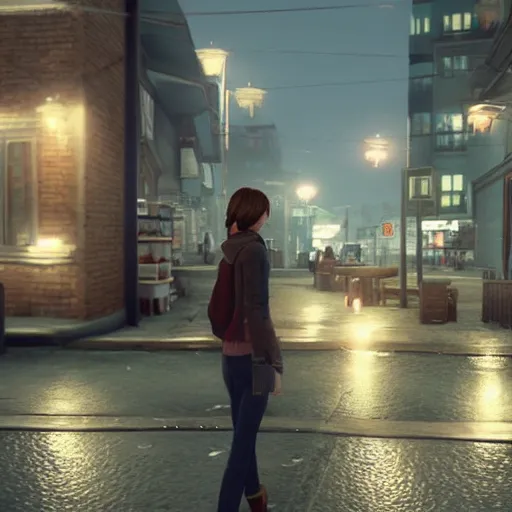 Prompt: max caulfield watching the luxurious streets at night, realistic, cinematic