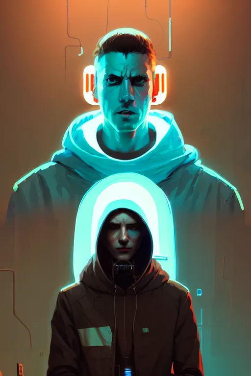 Image similar to cyberpunk synth, hyper - realistic portrait of a man in a hoodie, cyberpunk, by atey ghailan, by greg rutkowski, by greg tocchini, by james gilleard, by joe fenton, by kaethe butcher, dynamic lighting, gradient light blue, brown, blonde cream and white color scheme, grunge aesthetic