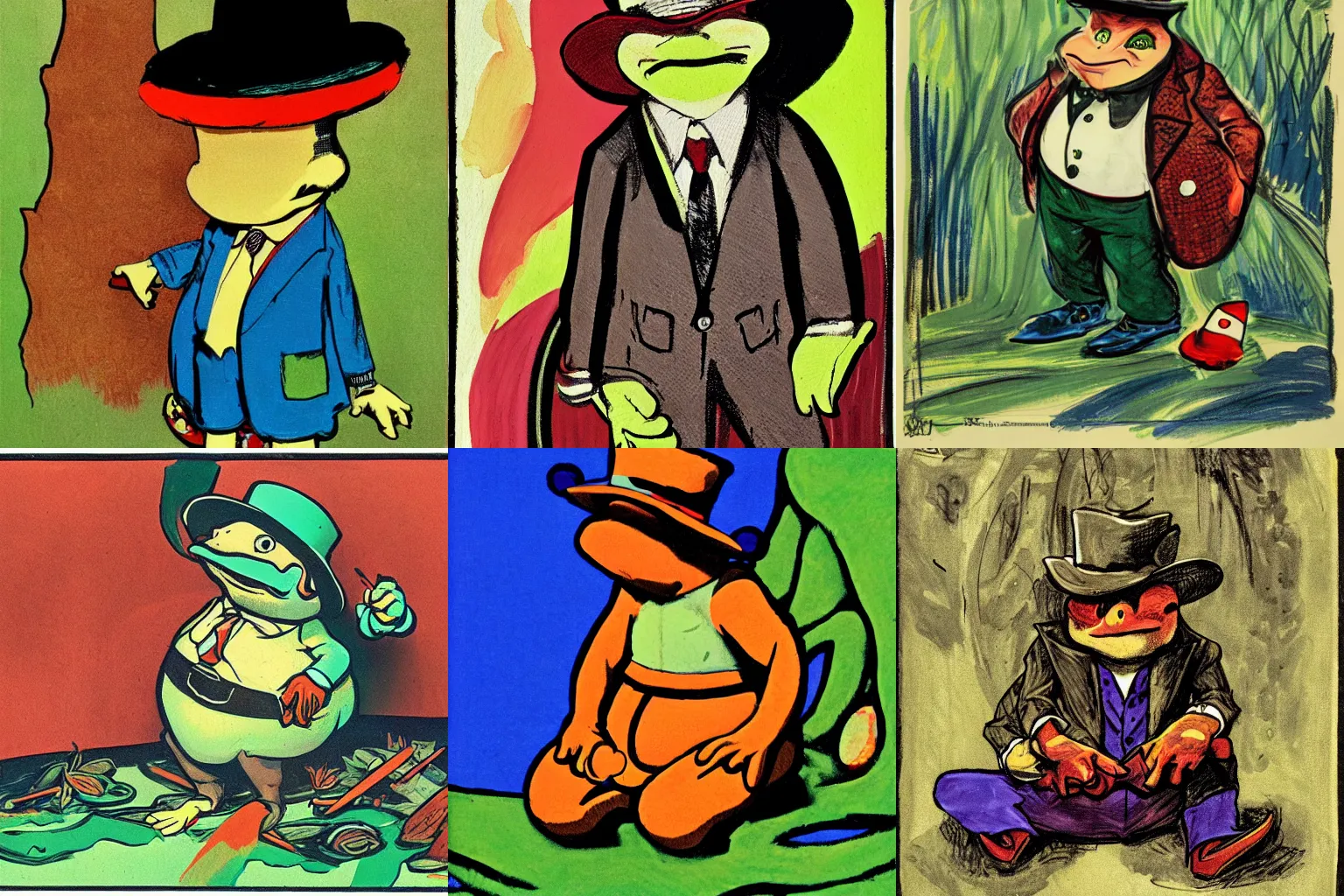 Prompt: toad gentleman, rich in details, broken composition, coarse texture, concept art, visible strokes, colorful, art by Kirchner, Gaughan, Caulfield, Aoshima, Earle