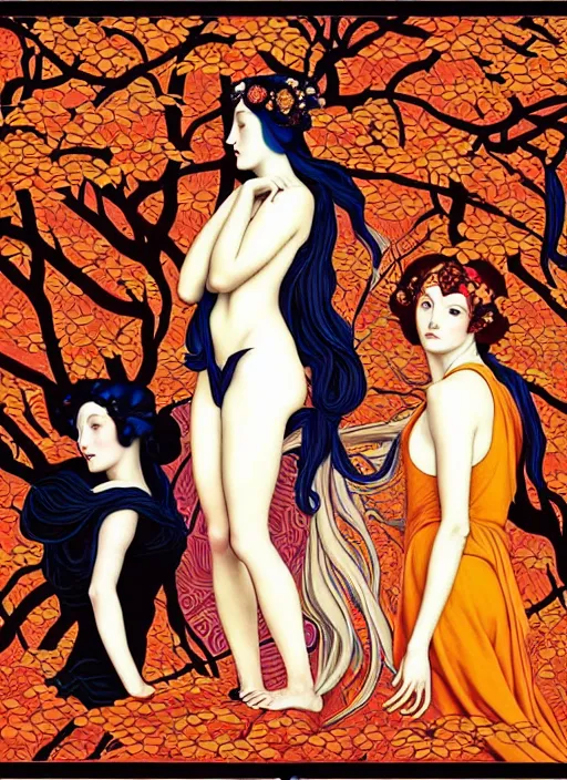 Image similar to 3 Autumn Muses symbolically representing September, October, and November, in a style blending Æon Flux, Peter Chung, Shepard Fairey, Botticelli, Ivan Bilibin, and John Singer Sargent, inspired by pre-raphaelite paintings, shoujo manga, and cool Japanese street fashion, dramatic autumn landscape, leaves falling, deep vivid warm tones, hyper detailed, super fine inking lines, ethereal and otherworldly, 4K extremely photorealistic, Arnold render