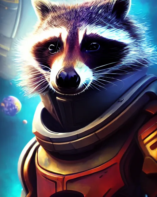 Prompt: closeup portrait anthropomorphic mass effect raccoon standing in a spaceship, confident pose, particle effects, digital painting, concept art, matte, sharp focus, volumetric lighting, illustration, hearthstone, artgerm, moebius, wlop, craig mullins, alphonse mucha