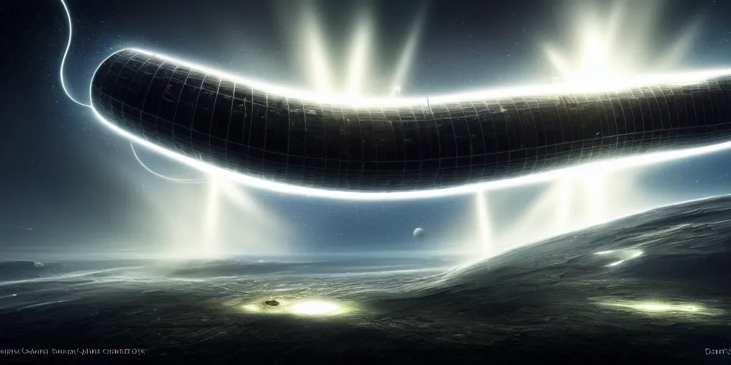 Image similar to giant tubular spaceship in deep space, portal, day, ultra high definition, ultra detailed, symmetry, god rays, sci - fi, dark fantasy, by paul chadeisson and denis villeneuve