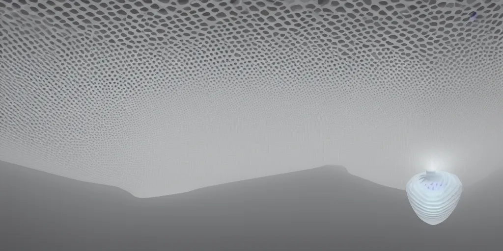 Image similar to huge organic shaped honeycomb asymmetric capsule levitating in the air no - gravity installation in white empty spacious space, maximum natural texture, white warm illumination, in low fog, 8 k resolution, best color graded, vray beautiful, subsurface scatter, hyper - realistic render