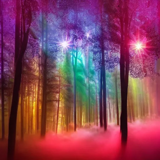 Image similar to old forest with glowing trees and glitter dust in cosmic color fog