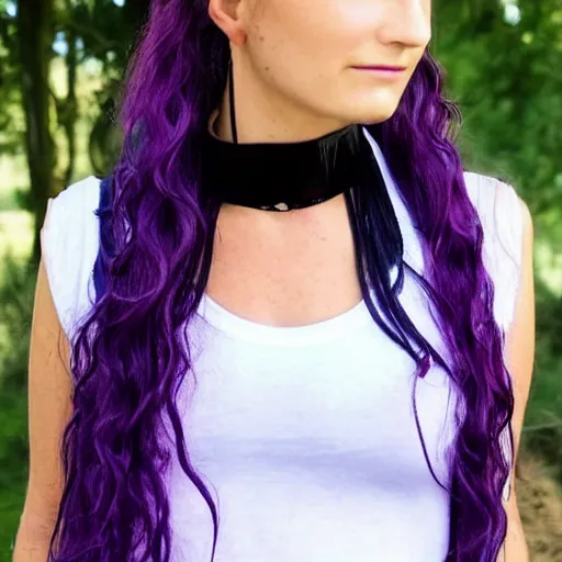 Image similar to a woman with long wavy purple hair, blue eyes and strong cheek bones. she's wearing a black t - shirt, sleeveless jean vest and a black choker