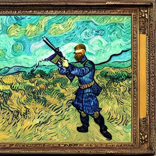 Image similar to a knight, shooting a dragon with an ak-47, by Van Gogh