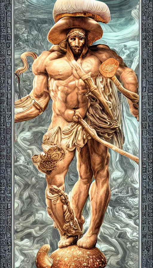 Image similar to a masterpiece hyperdetailed dnd tarot card, magnificent mushroom deity as depicted in a colossal greek marble statue ( with godlike bodybuilder physique ), hd tarot card depicting monumental statue of a dignified mushroom god with cute large mushroom hat, hdr, 8 k, artstationhq, digital art