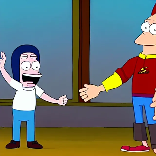 Prompt: ricky spanish high fiving ricky spanish in american dad animation style full cinematic scene, 4 k