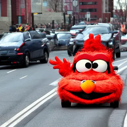 Prompt: drunk driving elmo being chased by the police