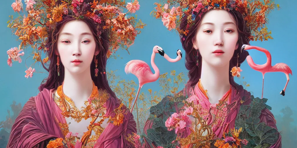 Image similar to breathtaking detailed concept art painting of the goddess of flamingo, orthodox saint, with anxious, piercing eyes, ornate background, amalgamation of leaves and flowers, by Hsiao-Ron Cheng and John James Audubon, extremely moody lighting, 8K