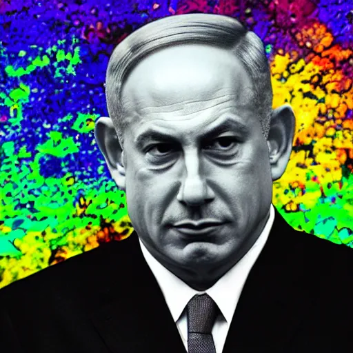 Prompt: portrait of benjamin netanyahu hallucinating on acid, psychedelic colors, sharp focus