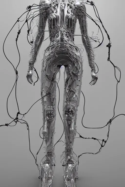 Image similar to iris van herpen, perfect symmetrical body, helmet on face, full body shot, inflateble shapes, wires, tubes, veins, jellyfish, white biomechanical details, wearing epic bionic cyborg implants, masterpiece, intricate, biopunk, vogue, highly detailed, artstation, concept art, cyberpunk, octane render