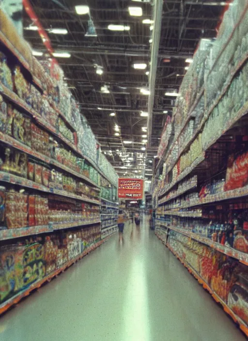 Image similar to first person view. walking through a costco in 1 9 9 7. blurry polaroid