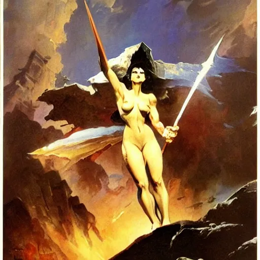 Prompt: against the gods.painting by frank frazetta