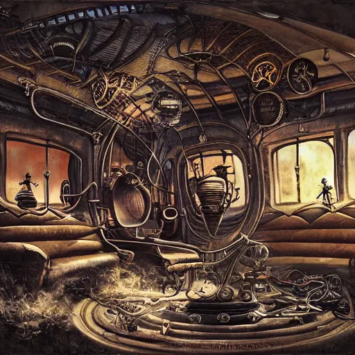 Prompt: surrealist landscape, inside steampunk ant citya, painting, highly detailed