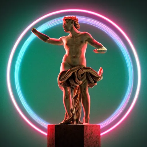 Image similar to a renaissance statue surrounded by a neon ring 3 d render, black background, ray tracing, 8 k resolution, shar focus, hyper detailed, hyper realistic