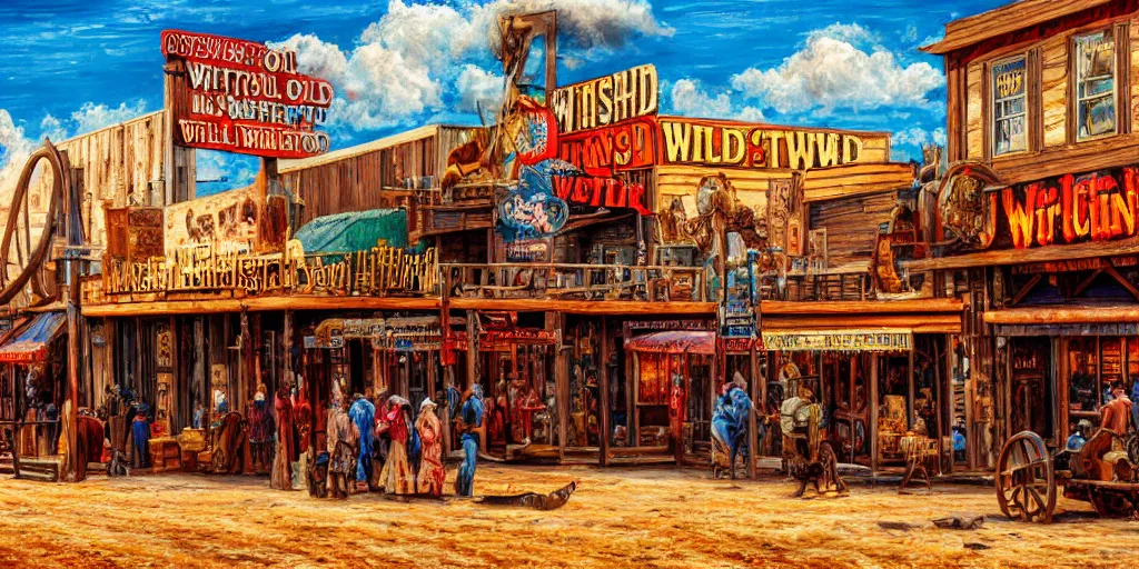 Prompt: oil painting of wild west town, western, old west, vivid colors, warm colors, high production value, intricate details, high resolution, hyperrealistic, hdr, high definition, masterpiece, ultra realistic, highly detailed, hd, sharp focus, non blurry, sharp, smooth