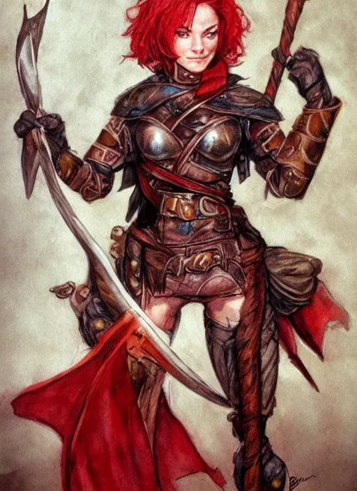 Image similar to portrait of strong female ranger, beautiful! coherent! dungeons and dragons character, by brian froud, strong line, deep color, leather armor, short red hair, high contrast