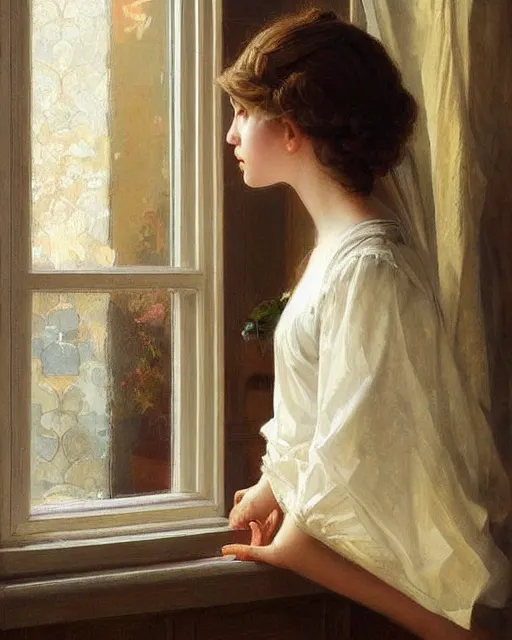 Image similar to a girl watching through a window, oil on canvas, artstation, by j. c. leyendecker and edmund blair leighton and charlie bowater, beautiful face, octane, very aesthetic!!!!!!!!!!!!!!!