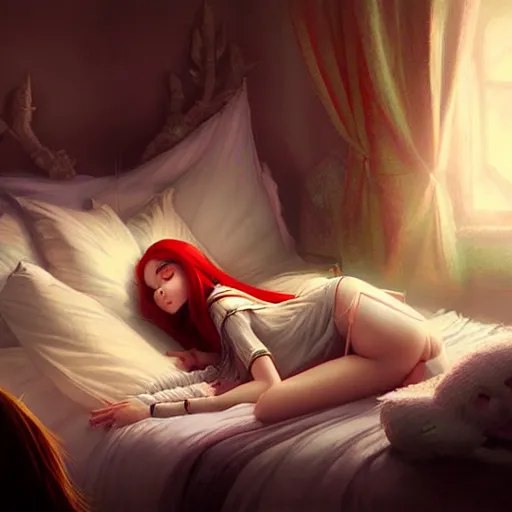 Image similar to fantasy art elven girl in her bedroom laying on the bed by ross tran, by artgerm, by greg rutkowski