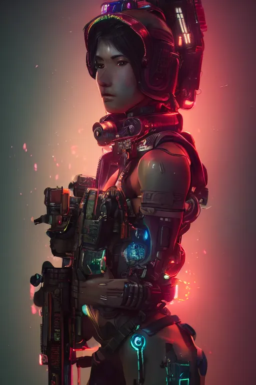 Image similar to beautiful portrait of a heavily armed cyborg mercenary girl, art by wlop and artgerm and liam wong, cyberpunk, neon, intricate details, trending on artstation, sharp focus, caustics, octane render, radiant light, 4 k